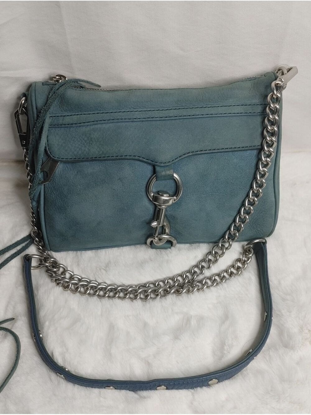 Rebecca Minkoff Blue Suede Leather Crossbody with Silver Chain Studded Strap